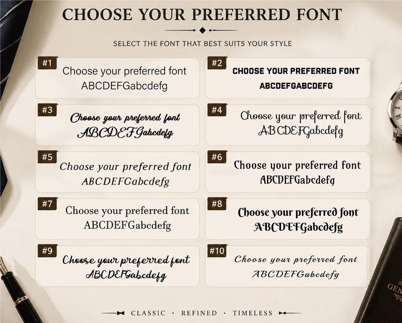 May include: A font selection chart featuring the heading CHOOSE YOUR PREFERRED FONT and SELECT THE FONT THAT BEST SUITS YOUR STYLE. Ten numbered options display the text Choose your preferred font and the alphabet in various typefaces.