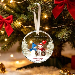 Personalized Mr & Mrs Snowman Heart Glass Ornament, First Married Christmas Gift, Custom Name Holiday Tree Decoration For Couples image 4