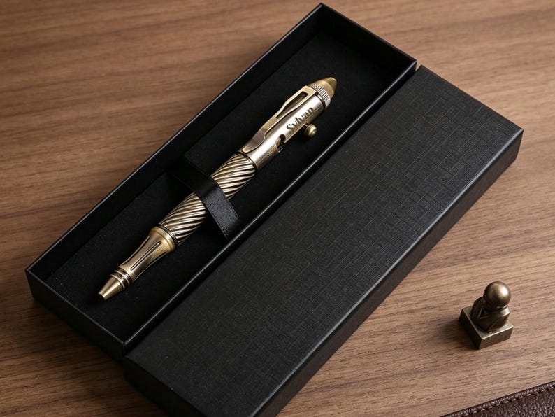 May include: A metallic bronze-toned ballpoint pen with a spiraled grip and a clip, featuring the engraved name Sylvan on the barrel. The pen is secured by a black strap inside a rectangular black gift box, accompanied by a small bronze-toned seal.