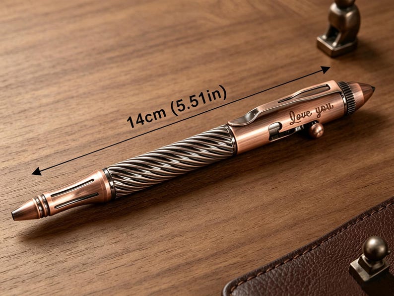 May include: A copper-toned metal ballpoint pen featuring a twisted, textured grip section and a smooth barrel with a pocket clip. The pen is engraved with the text "Love you" and measures 5.51 inches in length as indicated by the visible measurement.