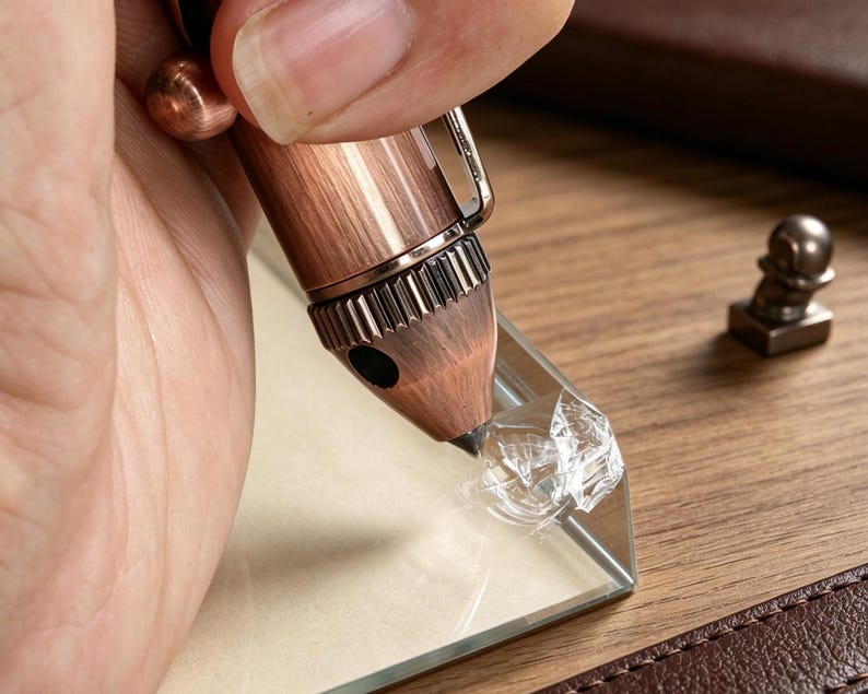 May include: A copper-toned metal tool with a textured, brushed finish and a pointed tip, positioned against the corner of a clear glass pane. The tool features a ridged grip section and a small metal clip, with a separate small metal component nearby.