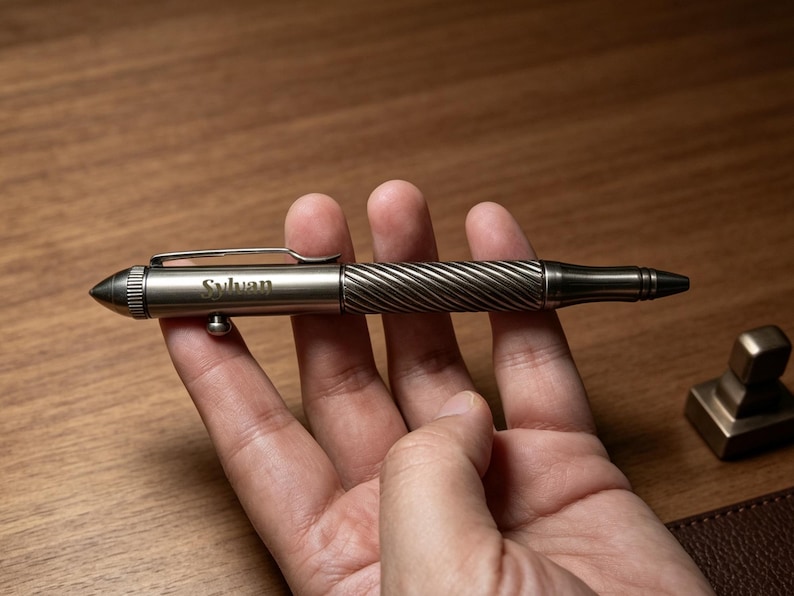 May include: A metallic bolt-action pen with a gunmetal finish, featuring a spiral-textured grip section, a pocket clip, and a pointed end cap. The barrel is engraved with the word Sylvan and includes a small side-mounted bolt mechanism.