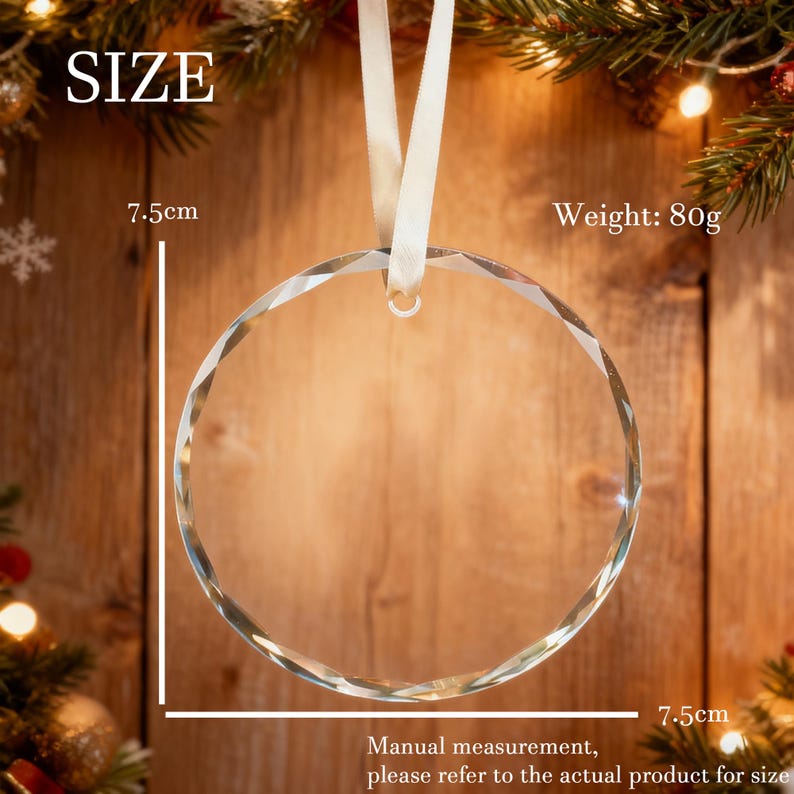 May include: A clear, circular glass ornament with faceted edges, suspended by a white ribbon. The ornament measures 7.5 cm in diameter and weighs 80 grams. The text "SIZE" is visible at the top left, and "Weight: 80g" is at the top right.
