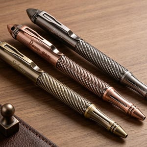May include: Three metal pens with a twisted grip pattern and a pocket clip. The pens are finished in brass, copper, and gunmetal gray. Each pen features a unique engraved name or phrase, including 'Sylvain', 'Love you', and 'Helen' on the barrel.
