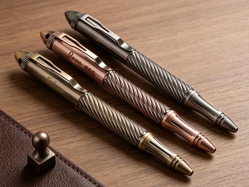 May include: Three metal pens with a twisted grip pattern and a pocket clip. The pens are finished in brass, copper, and gunmetal gray. Each pen features a unique engraved name or phrase, including 'Sylvain', 'Love you', and 'Helen' on the barrel.