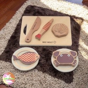 Custom Wooden Children&#39;s Kitchen Seafood Dishes Set, Child Cutting Board Wooden, Kids Cooking Set, Montessori Kitchen Tools ,Baby Toys Gifts