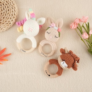 Personalized Crochet Wooden Animal Rattles, Custom Lettering Toys, Newborn Rattle Toys, Baby Shower Keepsakes, Animal Crochet Toy Rattles