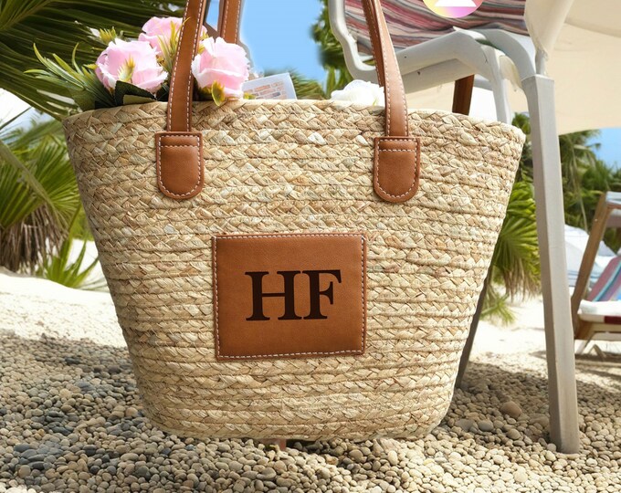 Custom Name Beach Basket, Personalised Straw Basket Bag, Engrave Leather Basket, Initial Straw Beach Tote, Boho Basket, Market Bag, Bag Gift