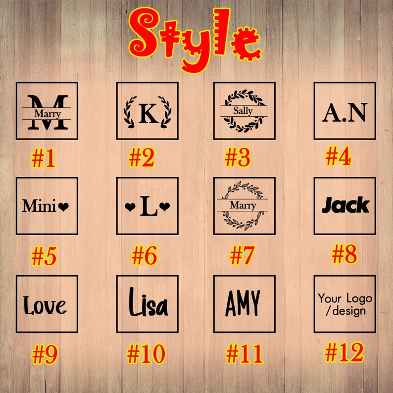 May include: Twelve different styles of personalized wooden name plaques. Each plaque features a different design, including a wreath, hearts, and a simple border. The plaques are numbered 1 through 12.