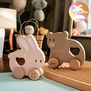 Custom Wooden Bunny Little Bear With Child&#39;s Name Toy Car, Newborn Gift,Wooden Car With Name Engraved,Children Toy Car,Sensory Toy,Baby Gift