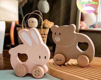Custom Wooden Bunny Little Bear With Child's Name Toy Car, Newborn Gift,Wooden Car With Name Engraved,Children Toy Car,Sensory Toy,Baby Gift