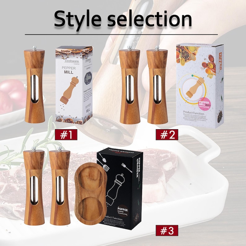 May include: Three different styles of wooden pepper mills with a stainless steel grinder. The first style is a single mill, the second style is a set of two mills, and the third style is a set of two mills with a wooden tray.