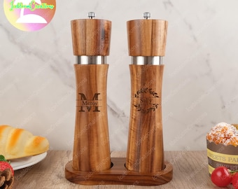 Benutzerdefinierter Name Holzsalz- und Pfeffermühle, Massivholzmühle, Küchengeschenk, Personalisierte kleine Blattakazienholzsalz- und Pfeffermühle, Geschenke
