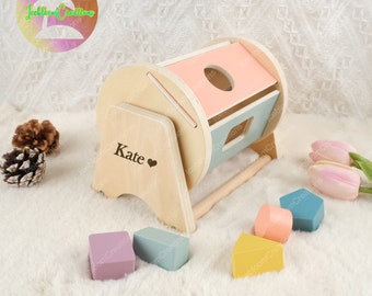 Personalized Wooden Baby Spinning Drum,Montessori Educational Colorful Toy, Baby Gift,Custom Wooden Msontessori Sensory Toy Rainbow Spinner