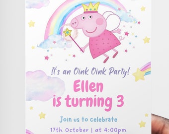 Modèle de toile d'invitation d'anniversaire sur le thème Peppa-pig - Invitation de fête d'anniversaire à téléchargement immédiat, modifiable et imprimable