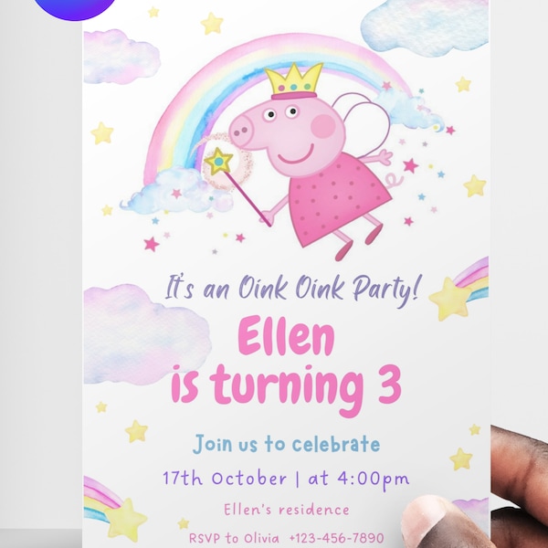 Modèle de toile d'invitation d'anniversaire sur le thème Peppa-pig - Invitation de fête d'anniversaire à téléchargement immédiat, modifiable et imprimable