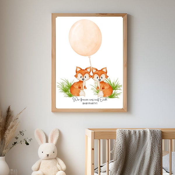 Baby shower guest book A4 /A3 Instant download poster balloon, neutral balloon foxes, twin guest book baby shower