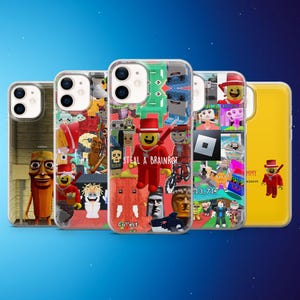 May include: A collection of five phone cases with various designs. The cases feature colorful graphics of cartoon characters and text, including "Steal A Brainrot" and "Collect". The cases are in different colors, including yellow, green, and brown.
