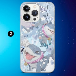 May include: A phone case featuring a whimsical design with cartoon sharks in a light blue background. The sharks have pink collars and are surrounded by stars, clouds, and floral elements. The case has a glossy finish.