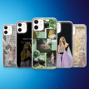 May include: Several clear phone cases with diverse designs are displayed. The cases feature images of a singer, butterflies, and text. The color scheme includes black, white, green, and purple. The cases are set against a blue backdrop.