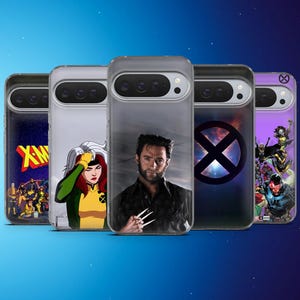 May include: A collection of phone cases featuring X-Men characters. The cases display images of Wolverine, Rogue, and other characters, along with the X-Men logo. The cases are clear with a blue gradient background.
