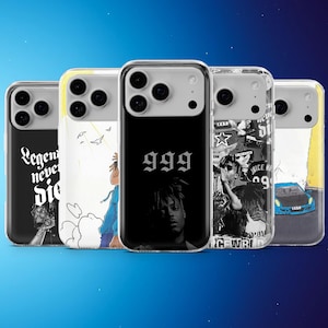 以下が含まれることがあります： さまざまなデザインの5つの携帯電話ケースのコレクション。1つのケースは黒で、数字「999」と肖像画があります。別のケースには「Legends Never Die」というテキストがあります。他のケースにはイラストやグラフィックが描かれています。