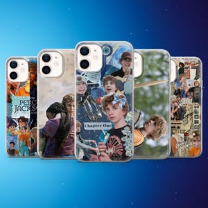 May include: A collection of five phone cases with various designs. The cases feature images of people, text, and collages. The designs include a collage with the text "Chapter One" and other images. The cases are clear with a glossy finish.