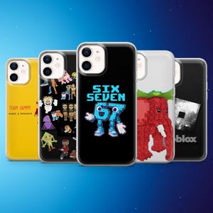 May include: A collection of five phone cases with various designs. One case is yellow with the text "TEAM SAMMY", another features a black background with colorful cartoon characters, and a third has the text "SIX SEVEN 67". The other two cases have a red elephant and a black background with the text "blox".
