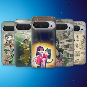 May include: Five phone cases with anime-style artwork. The cases showcase diverse designs, including characters, floral patterns, and a couple embracing under a starry sky. The cases are set against a gradient blue backdrop.