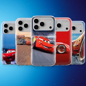 Peut inclure: Cinq coques de téléphone avec des personnages du film d'animation Cars, dont Flash McQueen. Les coques présentent des images colorées des personnages et des scènes de course, sur fond bleu.