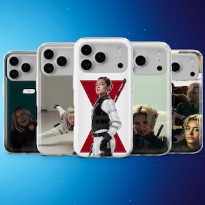 May include: A collection of five phone cases featuring images of characters from the movie Black Widow. The cases have clear edges and various images of the characters. The central case has a red and white graphic.