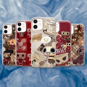 Könnte beinhalten: Eine Sammlung von fünf Handyhüllen mit einzigartigen Designs. Die Hüllen zeigen Cartoon-Charaktere, Collagen und Text wie "You can do this!" und "Shelly". Die Farbpalette umfasst Rot-, Braun- und Beigetöne.