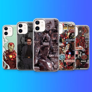 May include: Five clear smartphone cases featuring various Iron Man and Tony Stark graphic designs. The cases display collages of comic book art, character portraits, the Avengers logo, and text including I Love You 3000 and Stark Industries.