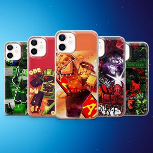Puede incluir: Una colección de cinco fundas para teléfonos con diseños gráficos únicos. Las fundas presentan colores vibrantes e ilustraciones, incluyendo un personaje con temática de pizza, arte de graffiti y figuras abstractas. Las fundas se muestran sobre un fondo azul degradado.