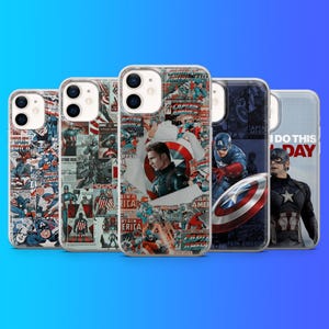 May include: Five clear smartphone cases featuring Captain America designs. The cases display various comic book panels, a central portrait of the character with a shield, and a cinematic image with the text I DO THIS ALL DAY in bold red letters.