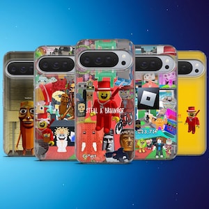 May include: A collection of phone cases with various colorful designs. The cases feature images of cartoon characters, text that says "STEAL A BRAINROT", and other graphic elements. The cases are displayed against a blue background.
