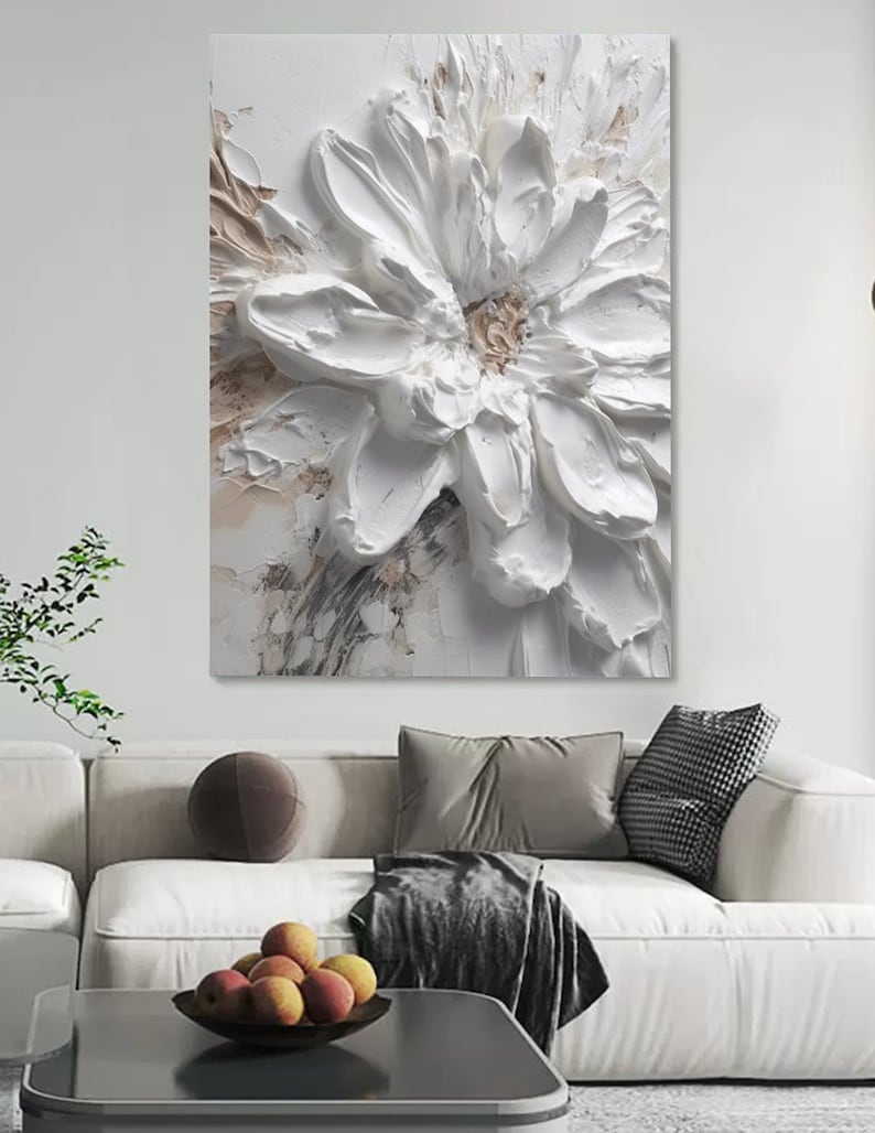 White 3D Floral Painting Heavy Textured Flower Art White Oil Painting ...
