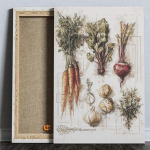 May include: A canvas print featuring a watercolor illustration of various vegetables. The artwork includes carrots, beets, garlic, and other root vegetables, with a neutral background and a wooden frame.
