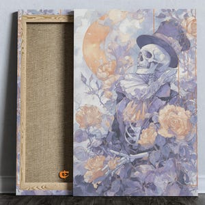 Vintage Halloween Skeleton with Top Hat Printable Whimsical Art Spooky Autumn Decor Haunted Fall Scene Romantic Floral Design 1482