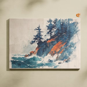 Coastal Pine Trees Watercolor Bold Ocean Cliff Scene Rustic Nature Decor Printable Seaside Landscape Art Digital Wall Art 960