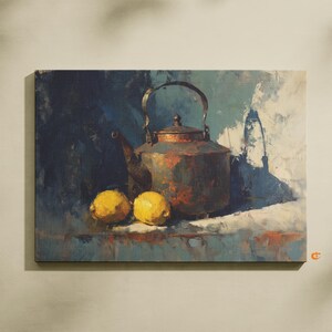 May include: An oil painting of a still life featuring a copper tea kettle and two yellow lemons. The kettle has a dark handle and spout. The background is a mix of blue and white brushstrokes, creating a textured effect.