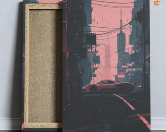 Cyberpunk Cityscape with Neon Car - Printable Digital Art, Retro-Futuristic Night Scene, Urban Street Poster with Moody Synthwave Effect 86