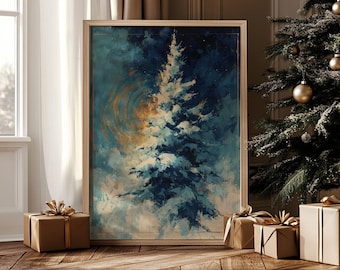Festive Snowy Evergreen Tree Painting Rustic Winter Art Moody Holiday Decor Cozy Christmas Scene Printable Digital Download 1812