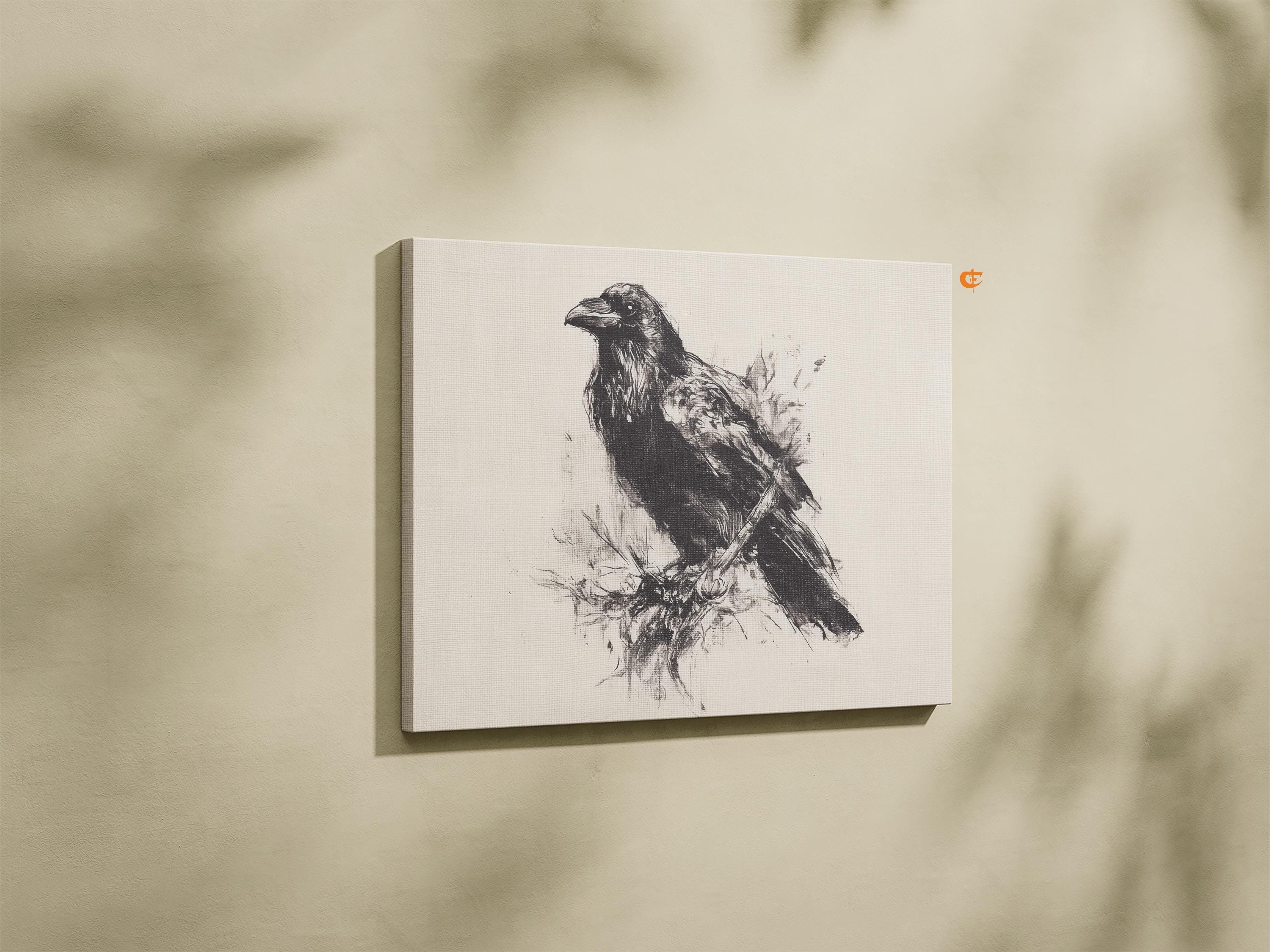 B4原画 crow Printable Crow Pencil Sketch Rustic Black and White Bird Art