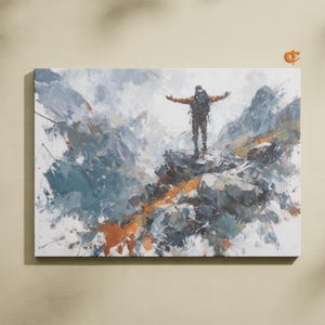 Majestic Mountain Landscape with Hiker Printable Watercolor Art Earthy Nature Scene Rustic Adventure Decor Digital Wall Art 930