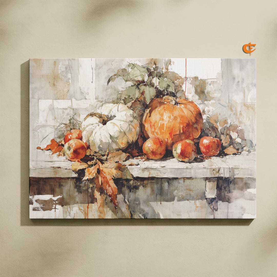 Rustic Fall Pumpkin and Apple Watercolor Autumn Harvest Art Cottagecore ...