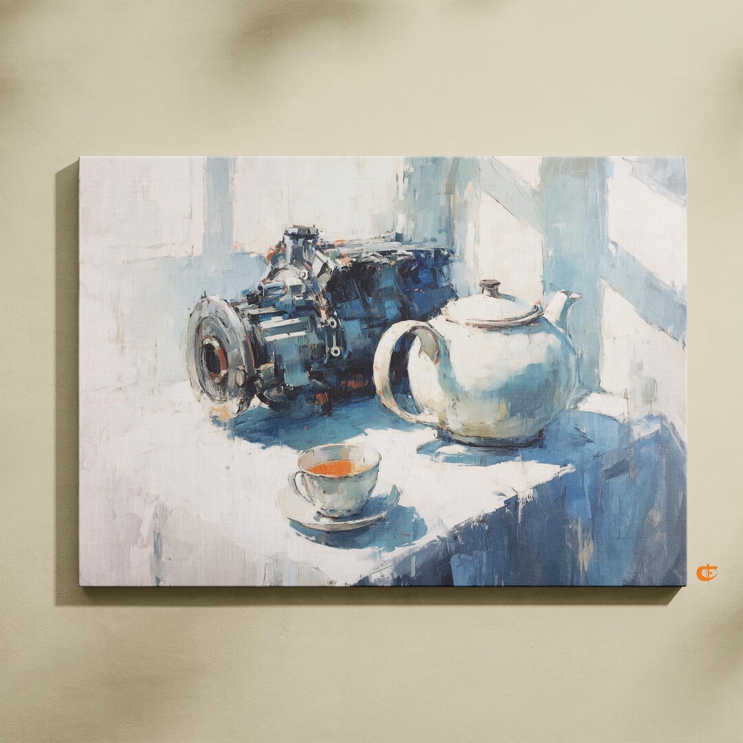 Vintage Oil Painting Still Life Rustic Tea Set With Mechanical Assembly ...