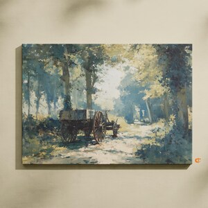 干し草カートのある素朴な風景 - ゴールデンアワー油絵、コテージコアの森の風景、印刷可能な壁アート、ヴィンテージカントリー装飾 720