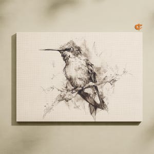 Rustic Hummingbird Pencil Sketch Printable Vintage Wall Art Nature Decor Cottagecore Bird Drawing Detailed Perched Hummingbird 1208
