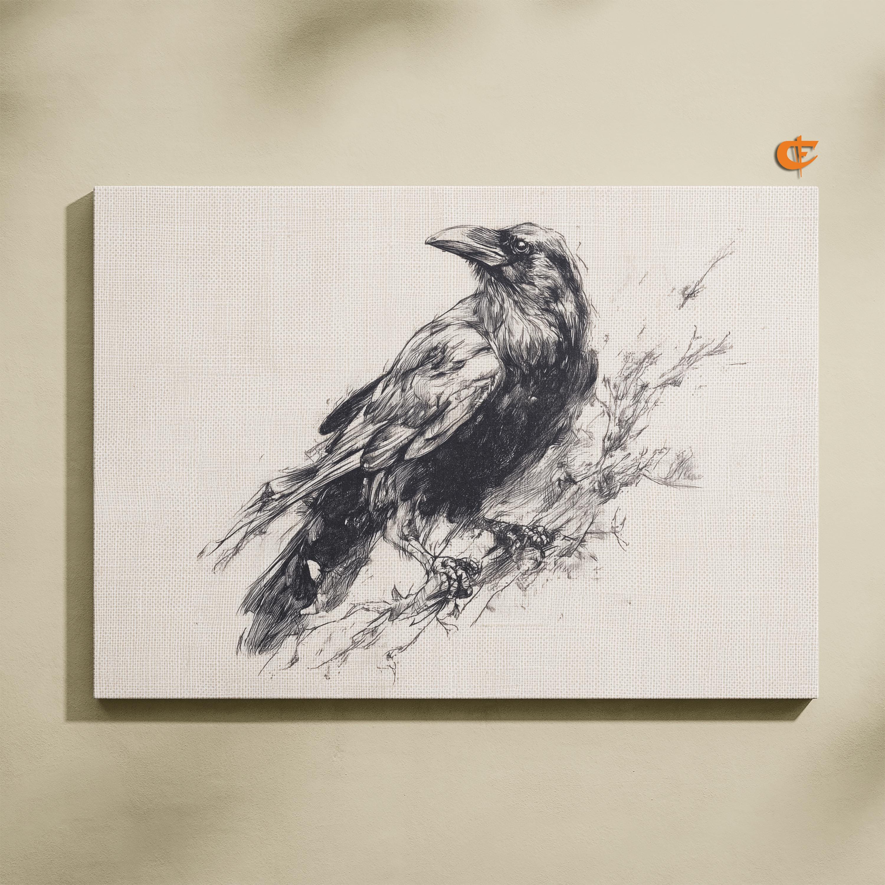 B4原画 crow Printable Crow Sketch Artwork Moody Bird Wall Art Rustic Pencil